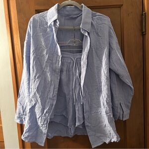blue cotton button up and shorts set